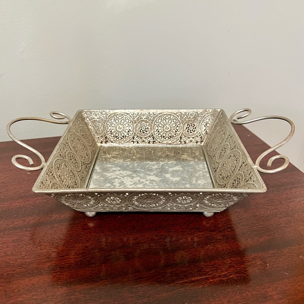 Vintage Metal Mirrored Square Vanity Tray‎ Display w/Handles Footed Elegant